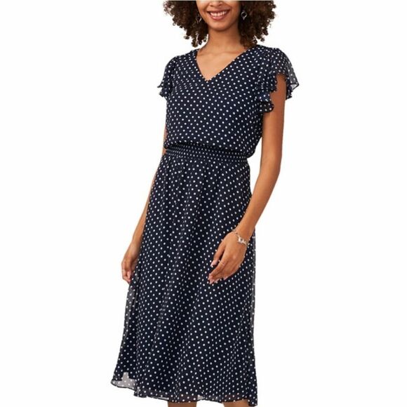 BRAND NEW MSK POLKA-DOT MIDI FIT &FLARE SCUBA NECK CHIFFON DRESS - Picture 1 of 16